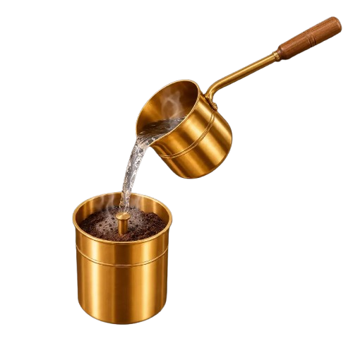Hot water being poured into a South Indian coffee filter
